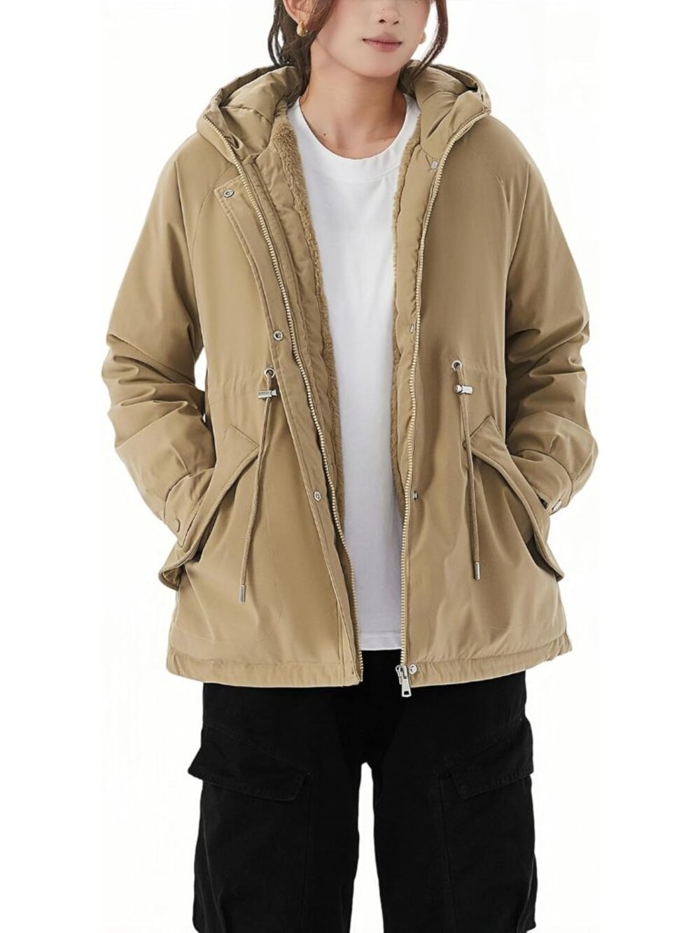 〽️Women's A-Khaki Sherpa Lined Fleece Hooded Winter Jacket Warm Coat